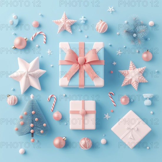3D pattern of New Year's gifts on blue, AI generated