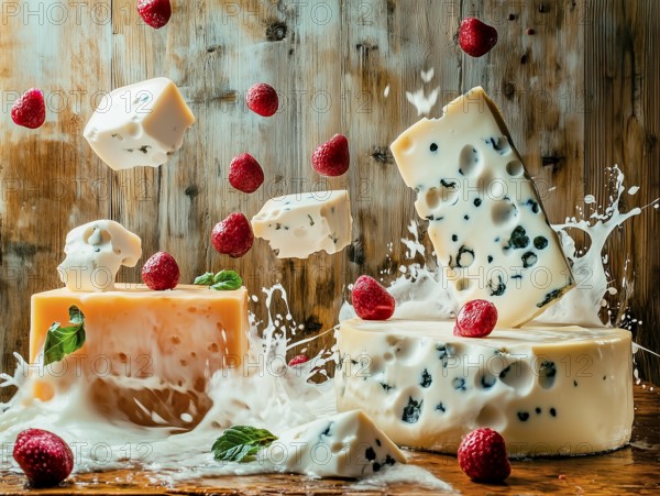 Pieces of cheese and strawberries in a splash of milk, AI generated