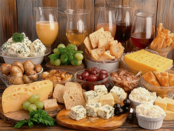 Glasses with drinks, cheeses, olives, tasting set, AI generated