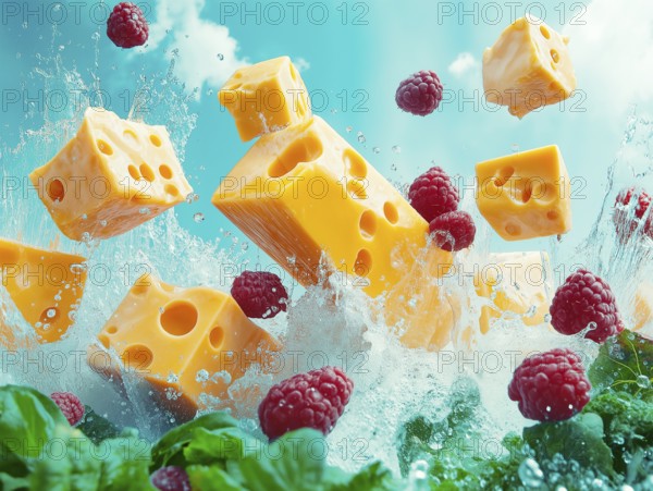 Pieces of cheese with raspberries and herbs in a splash of water, AI generated