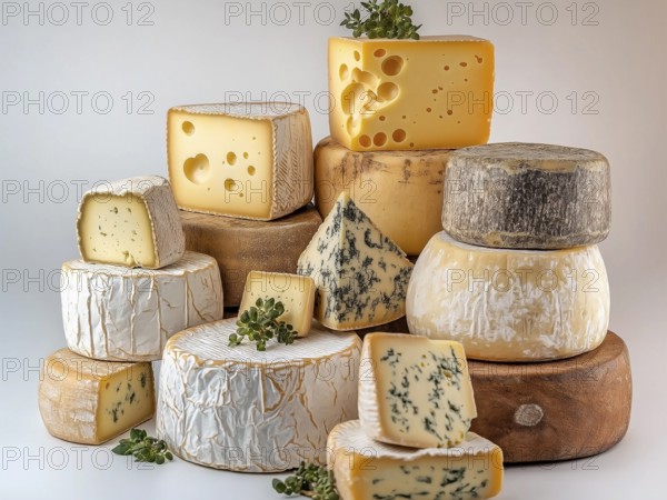 Assortment of cheeses on a light background, AI generated