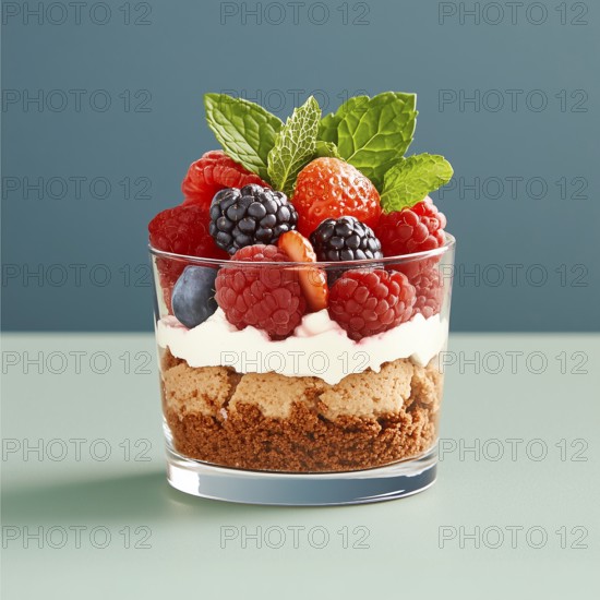 Dessert with cookies, yogurt, berries and mint in a glass, AI generated