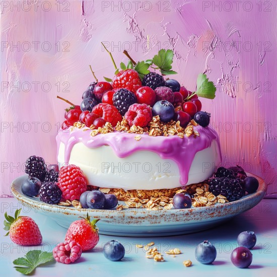 Curd dessert with granola and fresh berries, AI generated