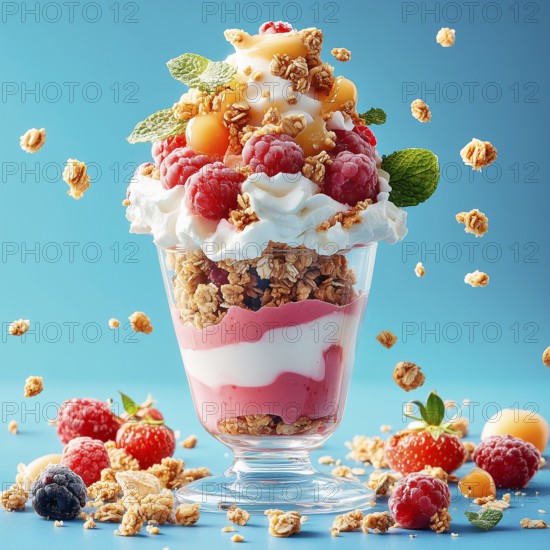 Dessert with granola, yogurt, jam, berries and mint on a blue background, AI generated