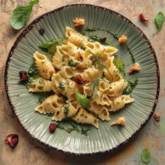 Gnocci with spices and pesto, on a clay plate, AI generated