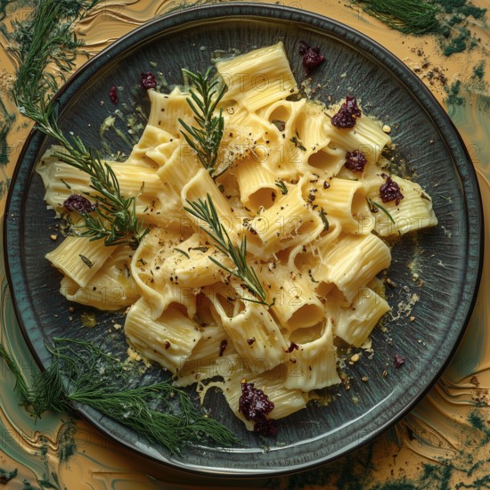 Pasta with cheese on a green plate, top view, AI generated