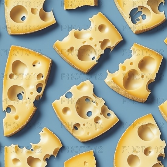 Cheese on a blue background, top view, pattern, AI generated