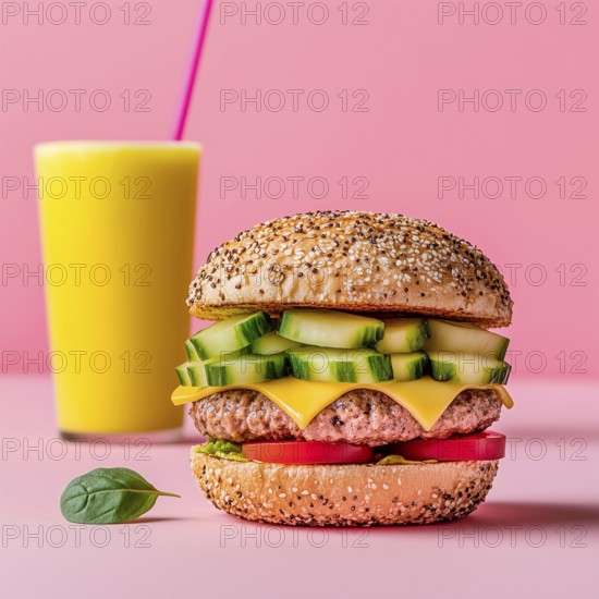 Vegan burger with soy patty and pumpkin drink, AI generated