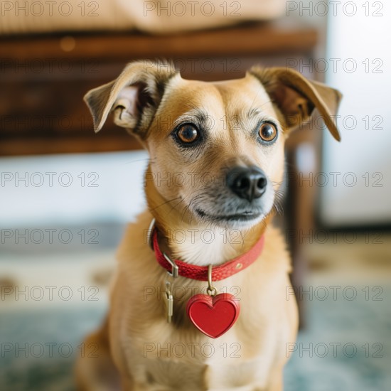 Dog in a collar with a red heart, AI generated