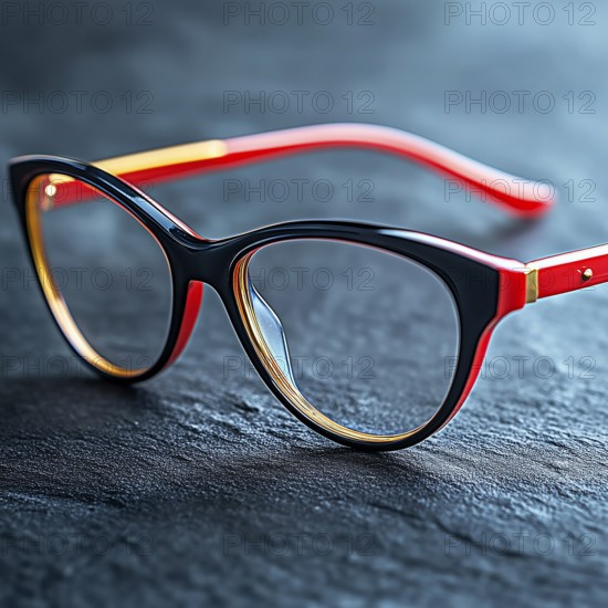 Women's glasses in red frames on a blue texture background, AI generated