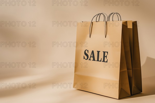 Two paper bags with sale inscription, copy space, AI generated