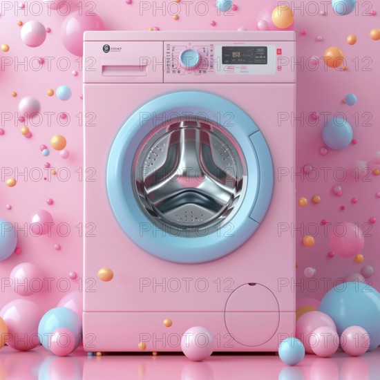 Pink washing machine on a background of colorful balls, AI generated