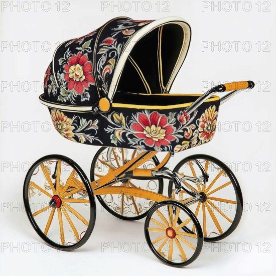 Baby stroller painted with Russian folk motifs, AI generated