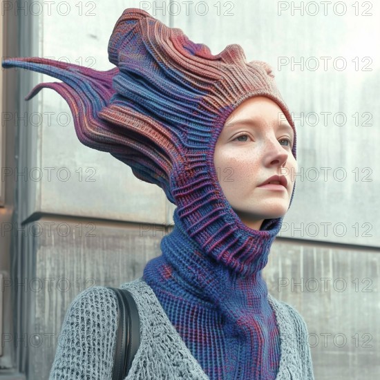Girl in a futuristic knitted hat, AI generated