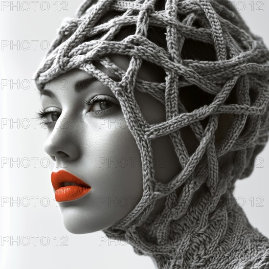 Portrait of a girl in a creative knitted hat, AI generated