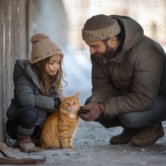 Father and little daughter play with a cat on the street, in winter, AI generated