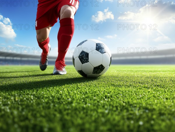 Football player's legs with a soccer ball on the grass, AI generated