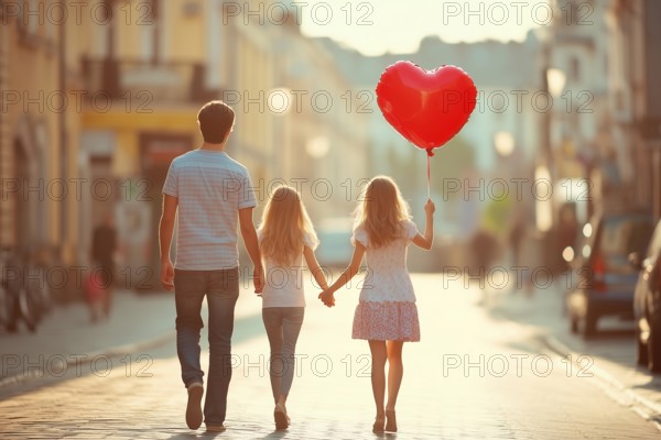 Two girls and their father are walking down the street, the girl is holding a heart-shaped balloon, AI generated