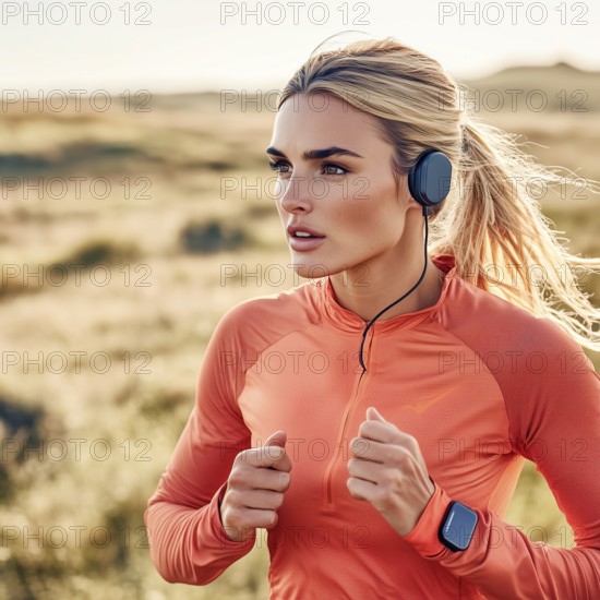 Girl, in sportswear and headphones, runs, listening to music, AI generated