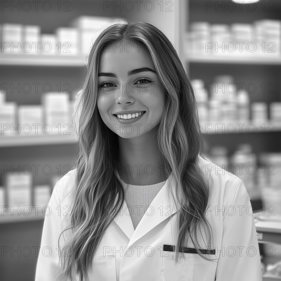 Portrait of a girl pharmacist against the background of medicines, AI generated