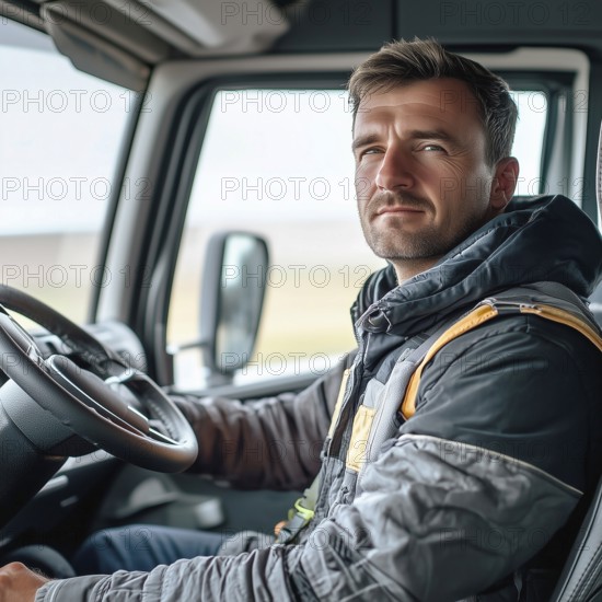 Male driver driving a truck, AI generated