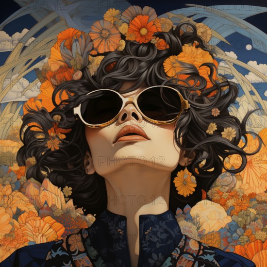Woman with flowers in her hair, color illustration, AI generated