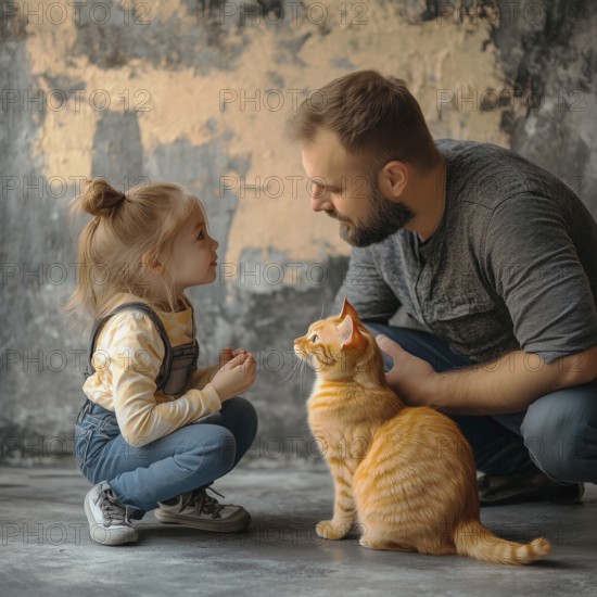 Father and daughter discussing cat care, AI generated