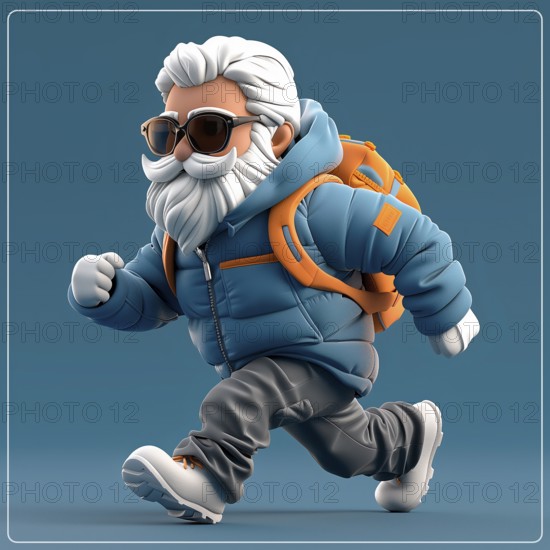 Stylish grandfather in winter clothes with a backpack on a blue background 3d, AI generated