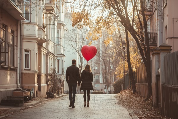A guy and a girl in love holding a red air heart, AI generated