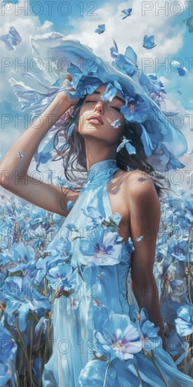 Romantic girl in blue clothes, oil painting, AI generated