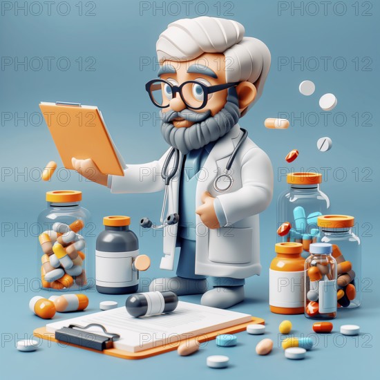 Doctor with tablet among medicine bottles, 3D, AI generated