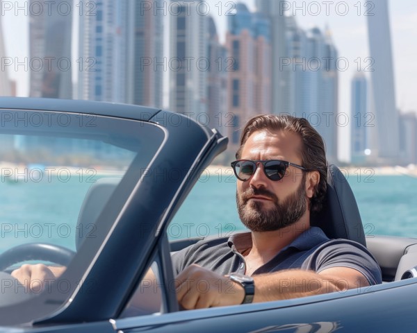 Successful man rides in a convertible against the backdrop of skyscrapers, AI generated