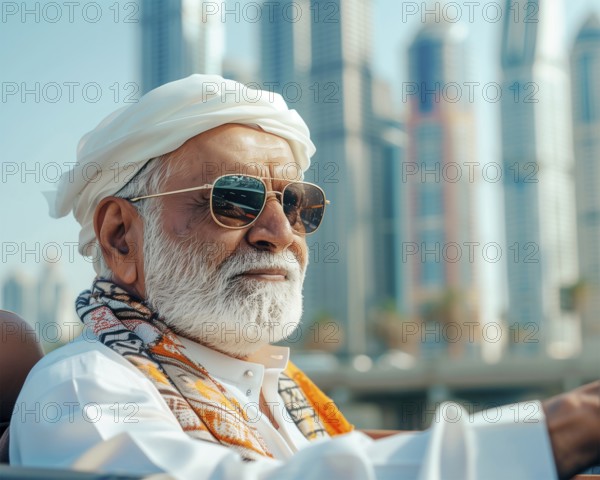 Businessman driving a convertible against the backdrop of skyscrapers, AI generated