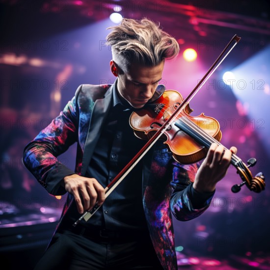 Young violinist performing on stage, neon light, AI generated