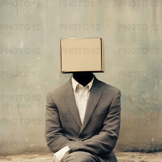 Man with a craft box on his head, isolation from society, copy space, AI generated