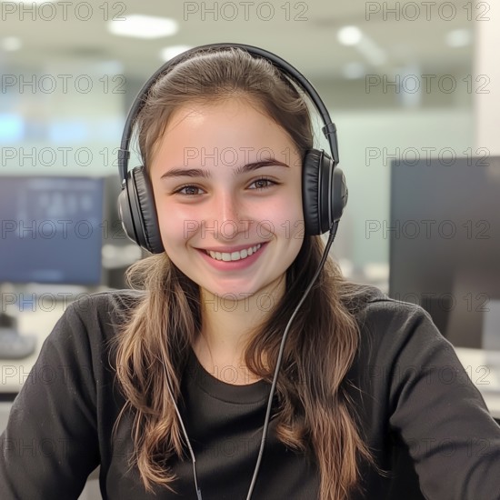 Girl in headphones in a call center office, AI generated