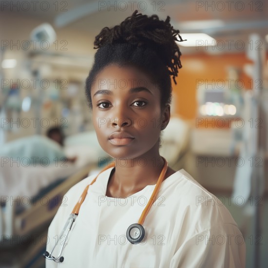Portrait of a dark-skinned girl doctor in the hospital, AI generated