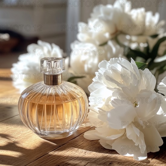 Perfume bottle and white peonies on wooden background, AI generated