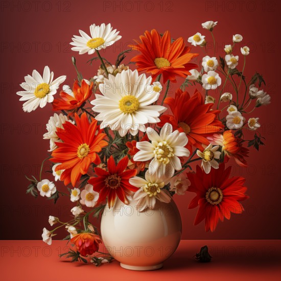 White vase with red flowers, AI generated