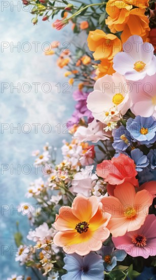 Flowers on a blue background, 3D composition, AI generated