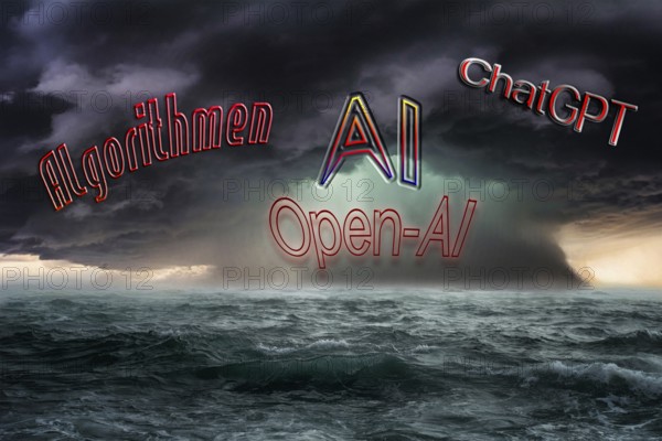 Symbolic photo, threat from algorithms, ChatGBT, AI, OpenAI, chatbot, artificial intelligence, IT system, IT technology, computer system, software, Microsoft, silicon brain, thinking machine, creativity, new wonder of the world, Einstein replacement, questionable intelligence, AI research, voice robot, algorithm, replace thinker, risk of suicide of young people