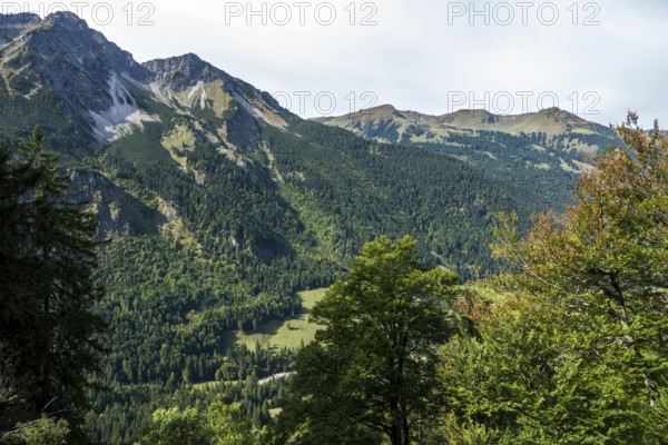 View of Stillachtal, behind Fellhorn, Schlappoldkopf and Söllerkopf, Oberstdorf, Oberallgäu, Allgäu, Bavaria Germany