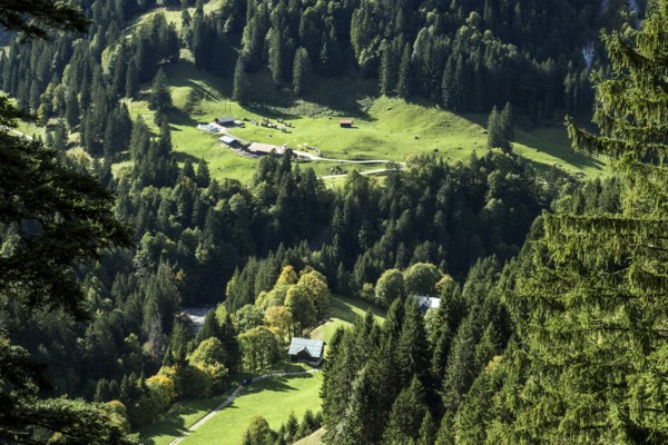 View of Einödsbach and the Rappenalp Valley with Buchrainer Alpe, Oberstdorf, Oberallgäu, Allgäu, Bavaria Germany