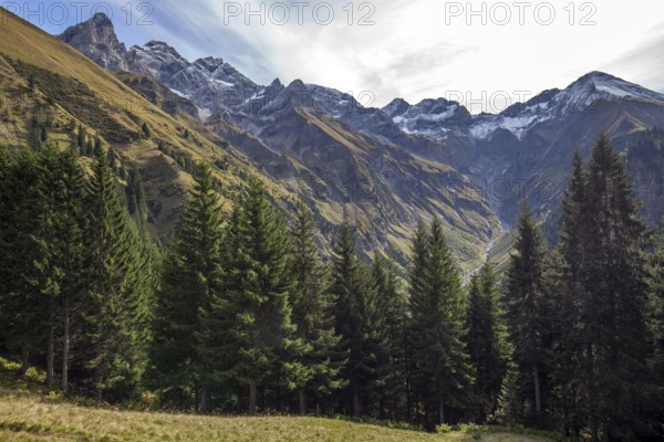 View of the Bacherloch Valley and the mountains of the Allgäu Alps with Trettachspitze, Mädelegabel, Hochfrottspitze, Wilder Mann and Linkerskopf, Einödsbach, Oberstdorf, Oberallgäu, Bavaria Germany