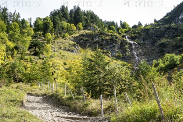 Hiking trail and waterfall down from Einödsberg, Birgsau, Einödsbach, Stillachtal, Oberstdorf, Oberallgäu, Allgäu, Bavaria Germany