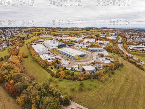 Bird's eye view of industrial buildings and fields in autumn weather, Dornstetten, Freudenstadt district, Germany