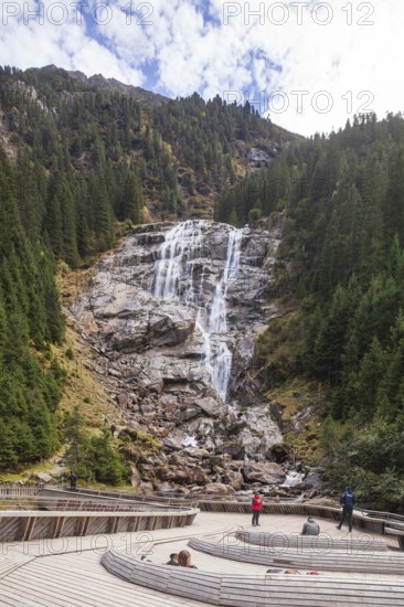 Viewing platform and Grawa waterfall on Wilde Wasser Weg, WildeWasserweg near Grawa Alm, Stubai Valley, Tyrol, Austria