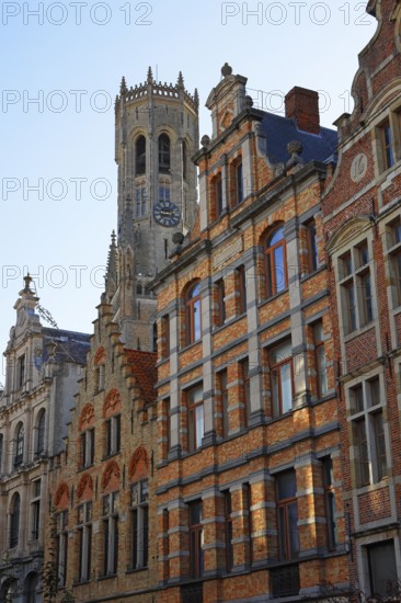 Historic houses in the old town of Bruges with belfry behind it, UNESCO World Heritage Site, Flanders, Belgium
