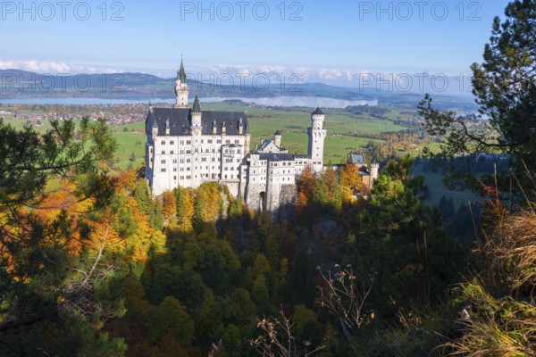 Neuschwanstein Castle on a wooded hill overlooking a green landscape with a wide panorama and blue sky, Schwangau near Füssen, Ostallgäu, Allgäu, Bavaria, Germany