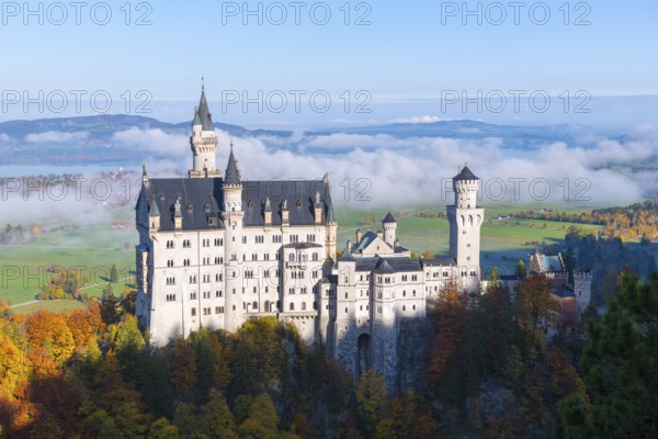Dream castle Neuschwanstein towers over a fog-covered valley, surrounded by colorful autumn forest and green meadows, Schwangau near Füssen, Ostallgäu, Allgäu, Bavaria, Germany